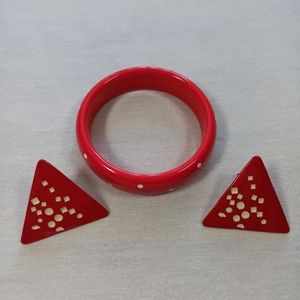 Vintage Red Metal Polkadot Clip-On Earrings And Plastic Bangle Bracelet 80s.